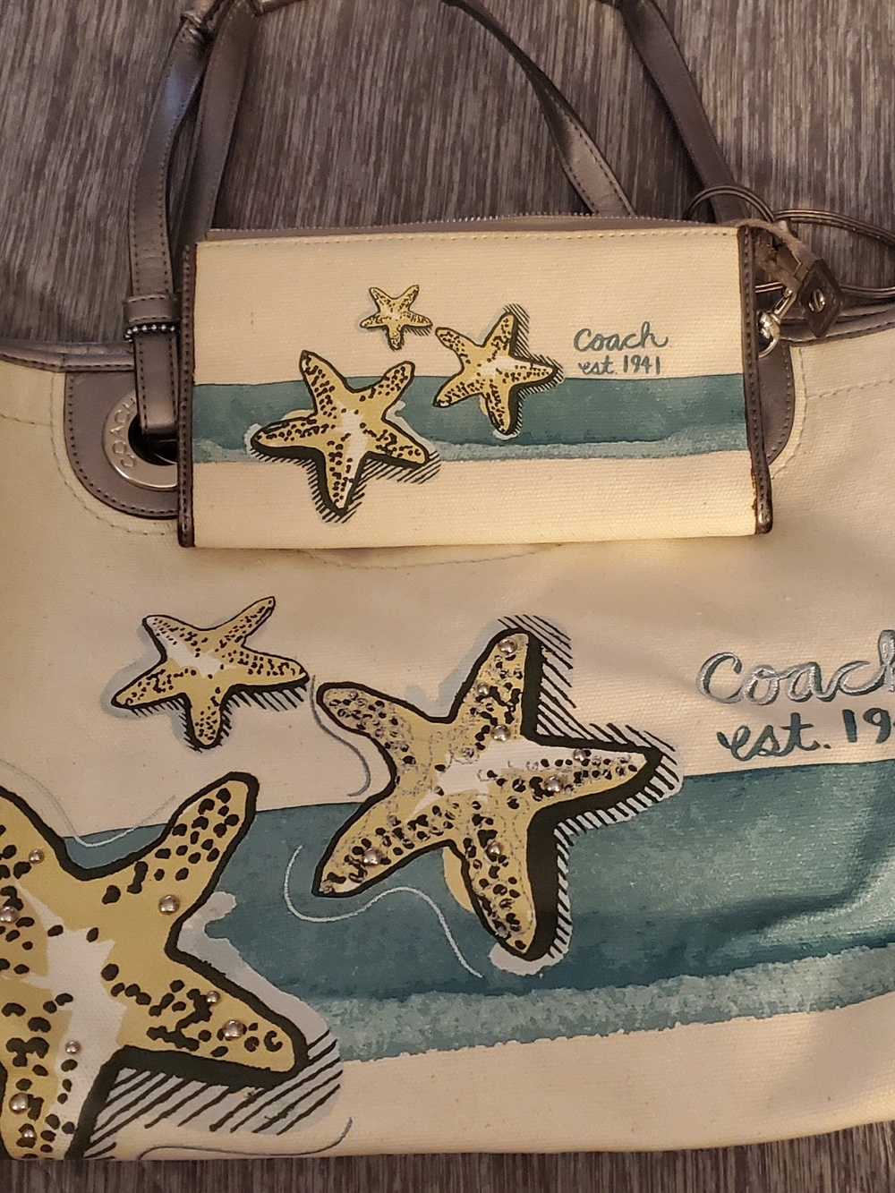 Coach Canvas Starfish Tote in Cream and Teal with Grey Trim And Matching Wrislet